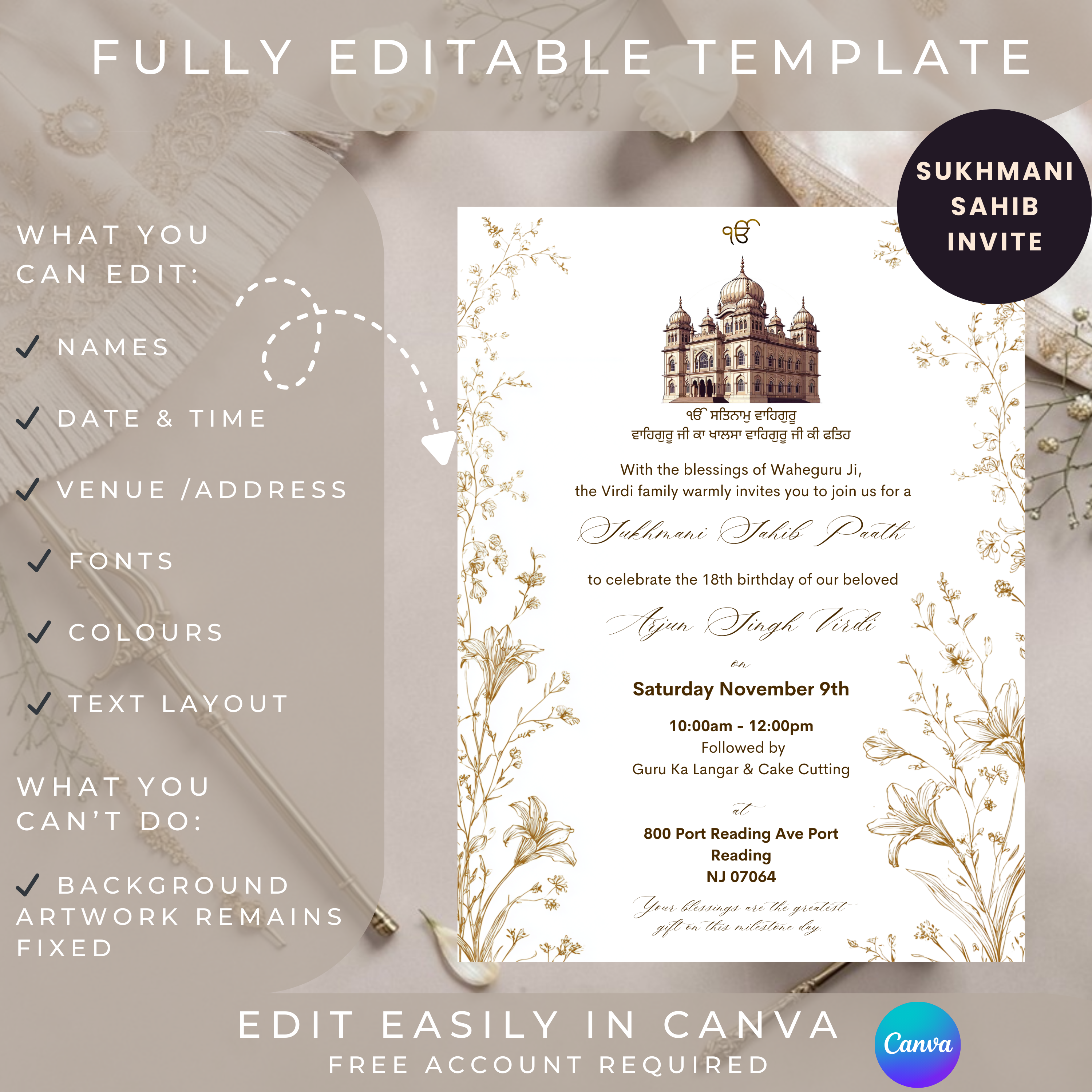 Sukhmani Sahib path invite with Gurdwara design