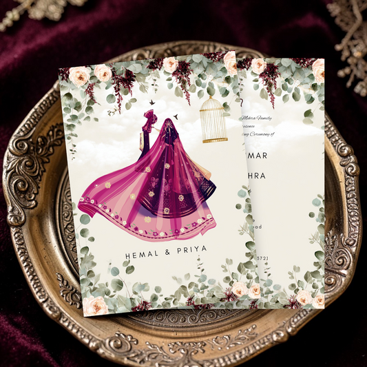 Hindu wedding invitation template with floral design, editable Canva digital invite for wedding ceremony and reception