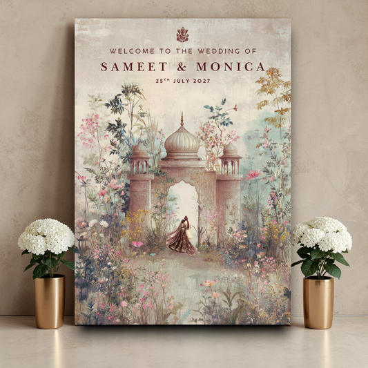 Luxury Hindu wedding welcome sign with floral watercolour design, mandap arch illustration and personalised names printed on Foamex board