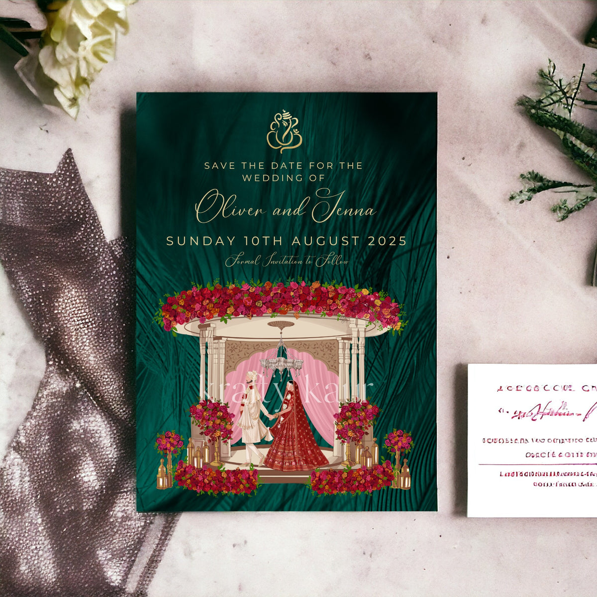 Hindu Wedding Save The Date Invitation - Illustration Couple Mandap - Printed Invitation with Envelopes
