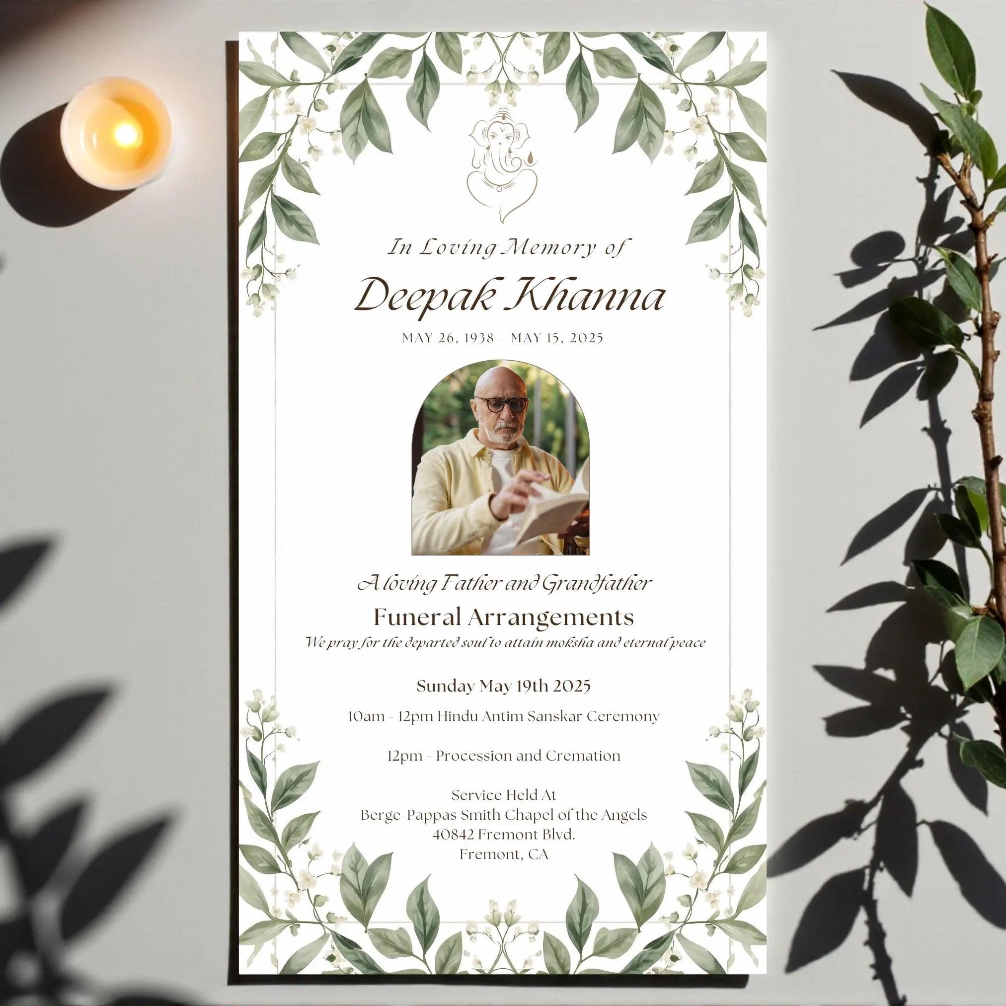 Hindu Funeral announcement card with green leaf design and photo of a man, surrounded by plants.