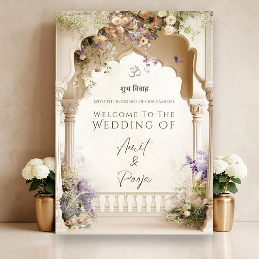 Personalised Hindu wedding welcome sign on 3mm foamex featuring Om symbol, Shubh Vivah in Hindi script, cream Mughal arch with cascading peach roses lavender wisteria purple wildflowers and hummingbird detail with couple names in flowing script