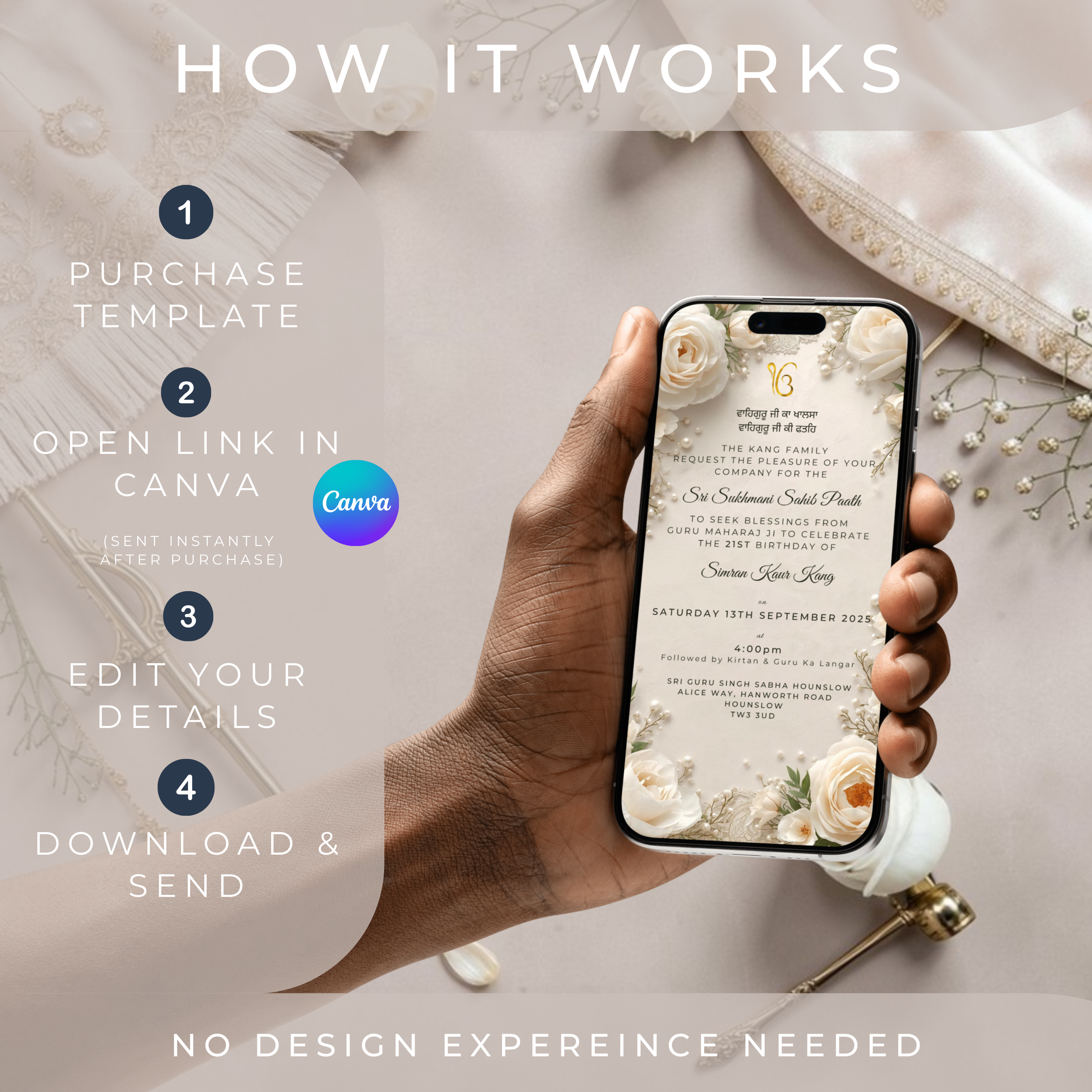 Hand holding a phone with a religious sikh invitation template on a light background