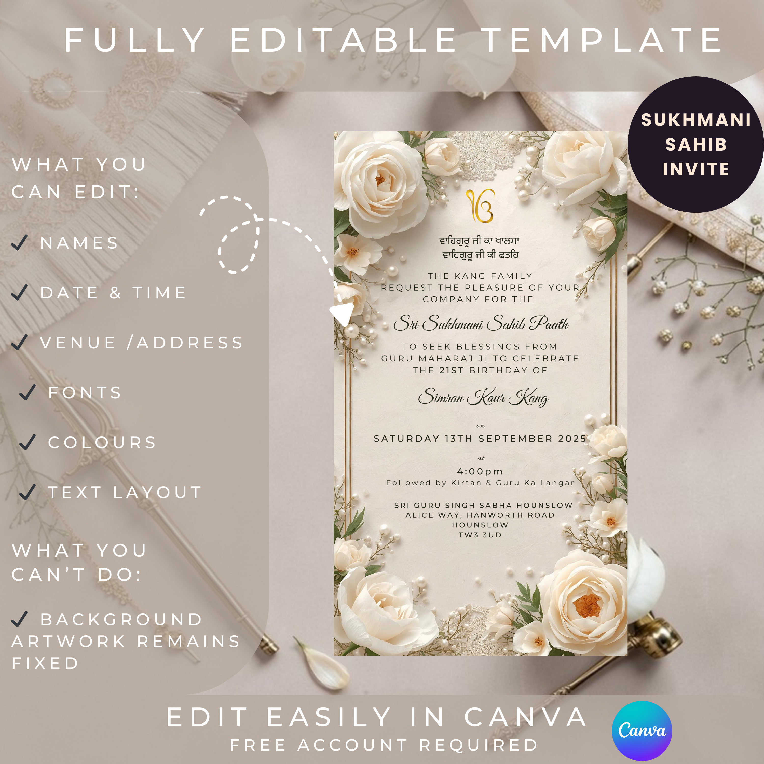 Sikh Invitation card with floral design on a light background, featuring text editing options.
