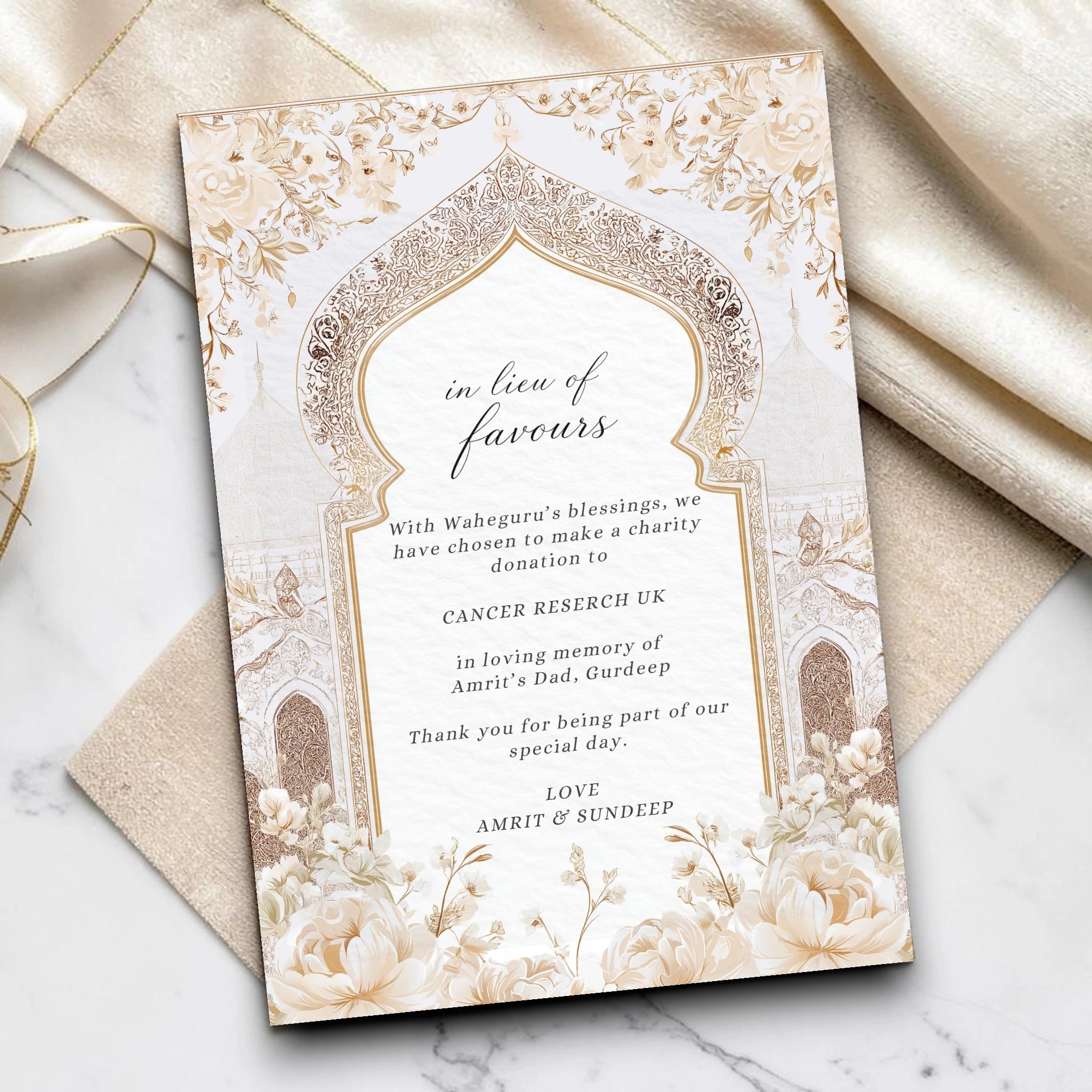 Personalised in lieu of favours thank you card printed on hammered textured card. Clean white design with handwritten Thank You script, gold heart detail, custom charity name, memorial wording, couple names and wedding date. Shown as a fanned stack on a wedding table setting. By Krafty Kaur.