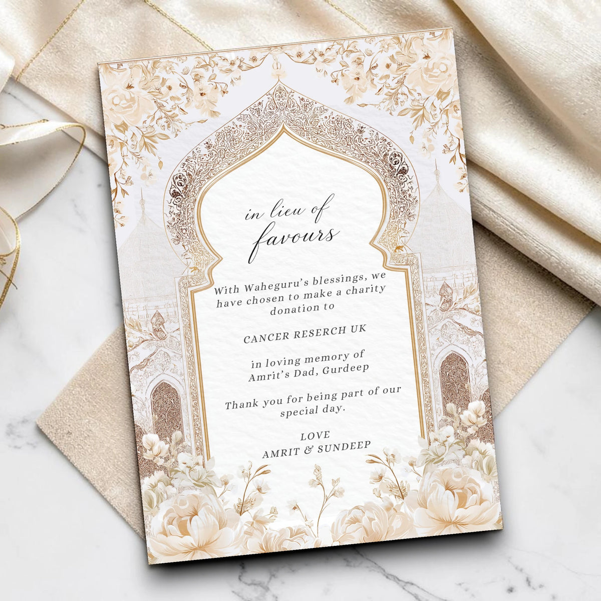 Personalised in lieu of favours thank you card printed on hammered textured card. Clean white design with handwritten Thank You script, gold heart detail, custom charity name, memorial wording, couple names and wedding date. Shown as a fanned stack on a wedding table setting. By Krafty Kaur.