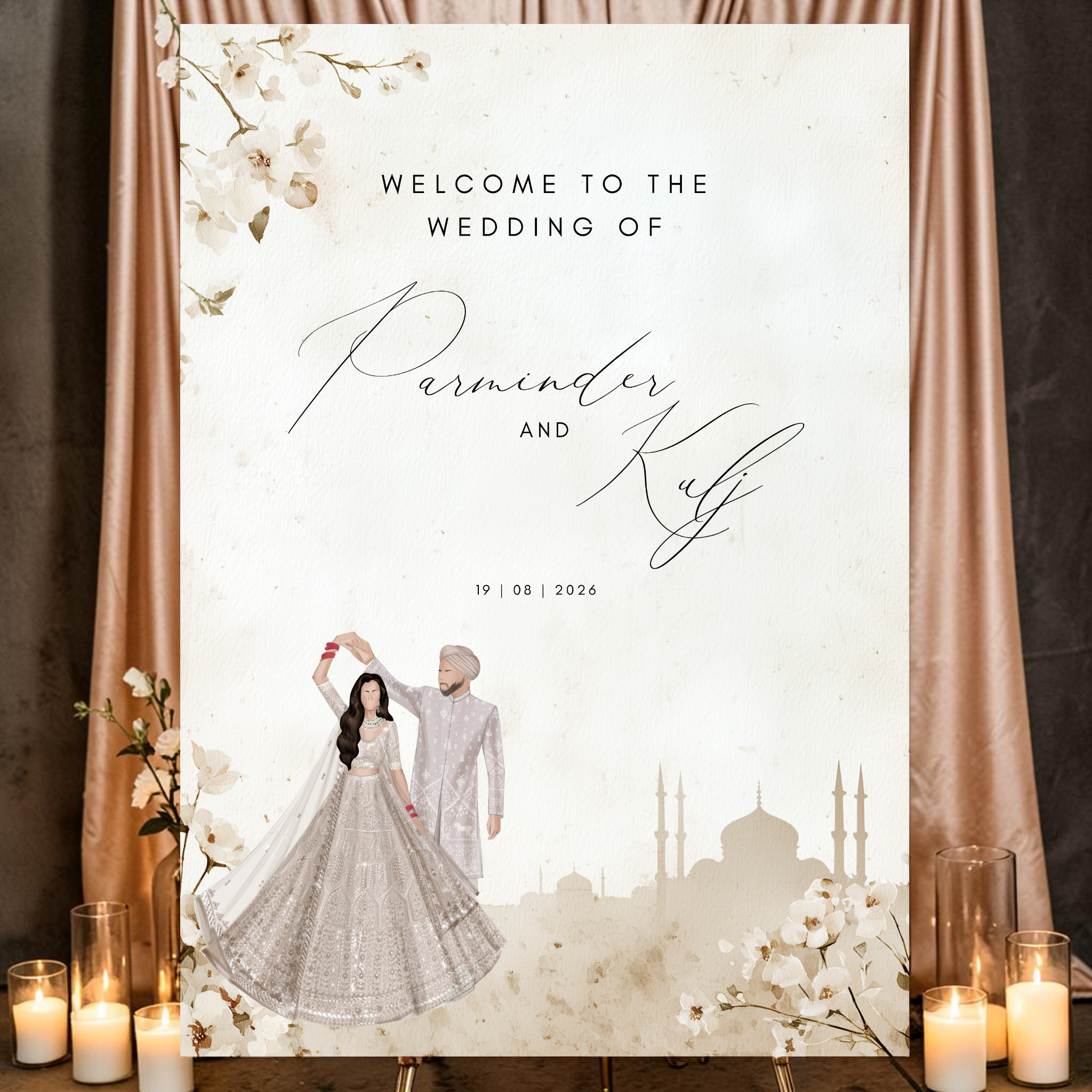 Personalised Sikh Punjabi wedding welcome sign printed on 3mm foamex featuring illustrated dancing couple with bride in silver lehenga and groom in turban and sherwani with Gurdwara silhouette and white floral border on ivory background