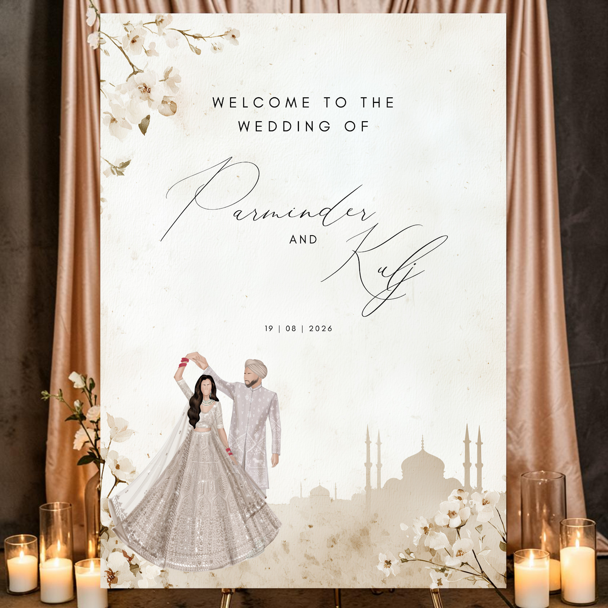 Personalised Sikh Punjabi wedding welcome sign printed on 3mm foamex featuring illustrated dancing couple with bride in silver lehenga and groom in turban and sherwani with Gurdwara silhouette and white floral border on ivory background