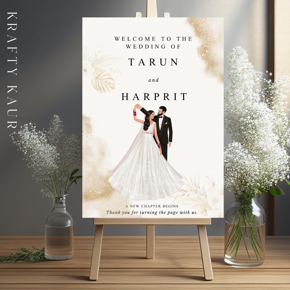 Printable wedding reception welcome sign reading "Welcome to the Reception of Radhi and Heeran" displayed against a wall with white hydrangeas in a gold vase