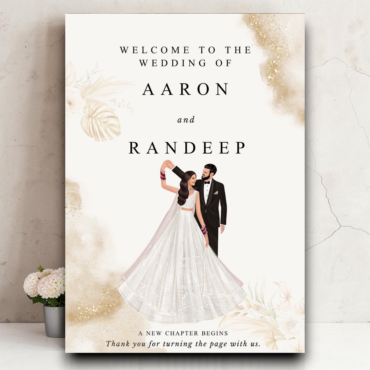 Personalised Indian wedding welcome sign printed on 3mm foamex featuring illustrated dancing couple with bride in white lehenga and groom in black tuxedo on ivory gold watercolour background with monstera leaves
