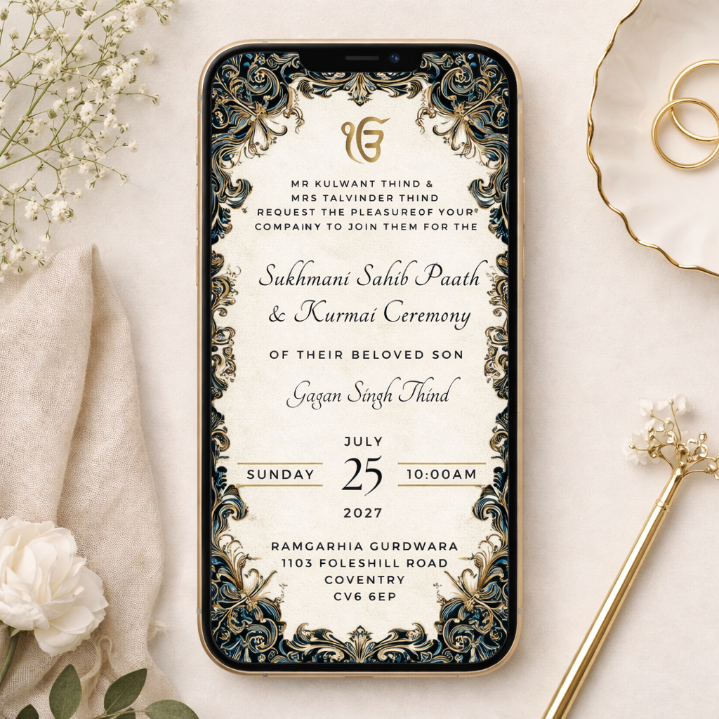 Luxury Kurmai ceremony invitation displayed on iPhone — WhatsApp-ready Sukhmani Sahib Paath digital card navy gold design
