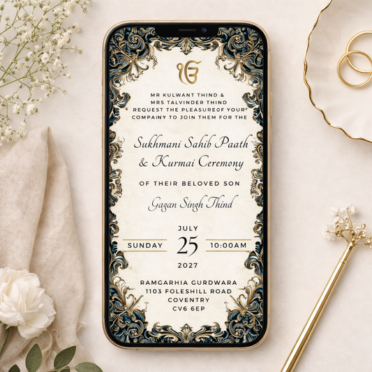 Luxury Kurmai ceremony invitation displayed on iPhone — WhatsApp-ready Sukhmani Sahib Paath digital card navy gold design
