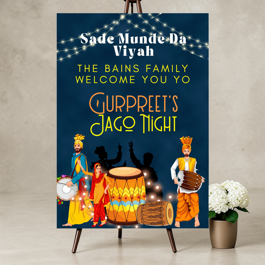 Jago Welcome Sign Navy with Bhangra Dancers and Dhol, Groom