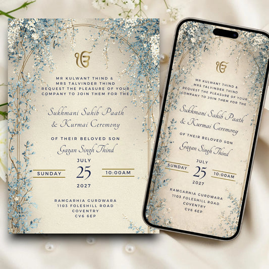 Sikh Kurmai digital invitation card with blue floral botanicals, gold arch and Ek Onkar symbol, on phone mobile invitation— editable Canva template A5