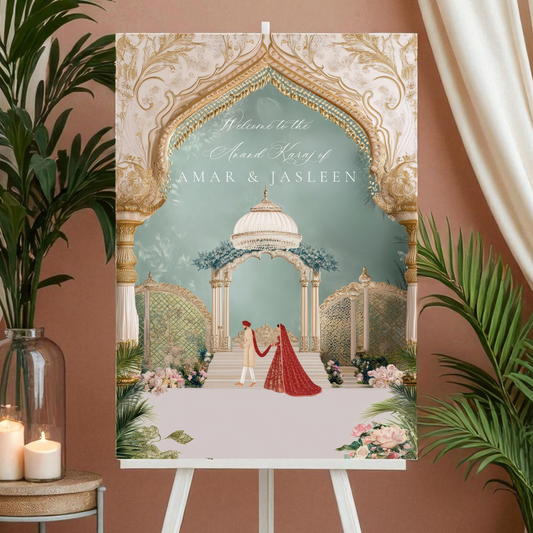 Close-up of Anand Karaj sign showing illustrated Sikh bride in red lehenga and groom in sherwani with personalised couple names in script and serif fonts