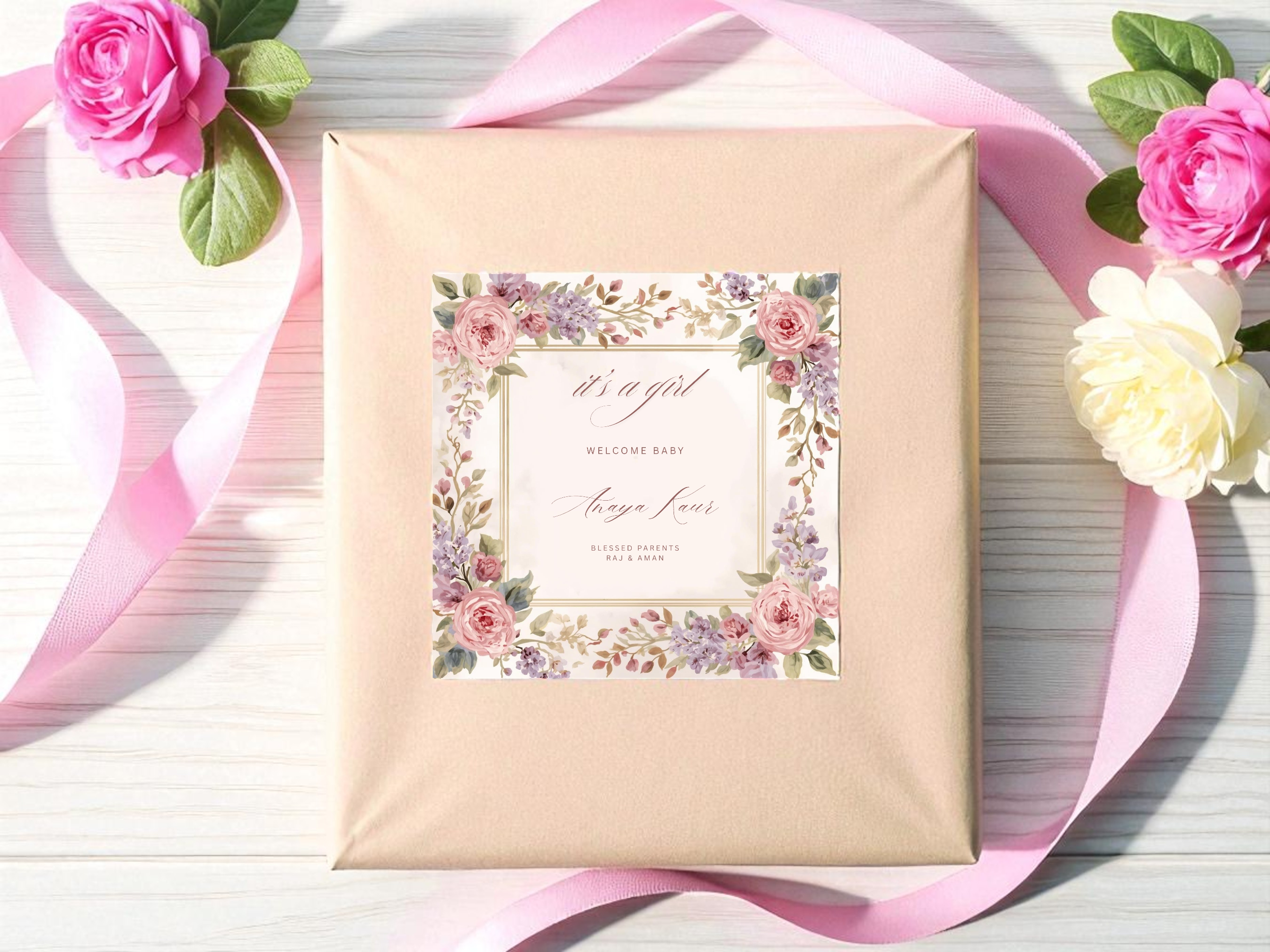 Editable Sikh new baby girl mithai box sticker template displayed on soft neutral background