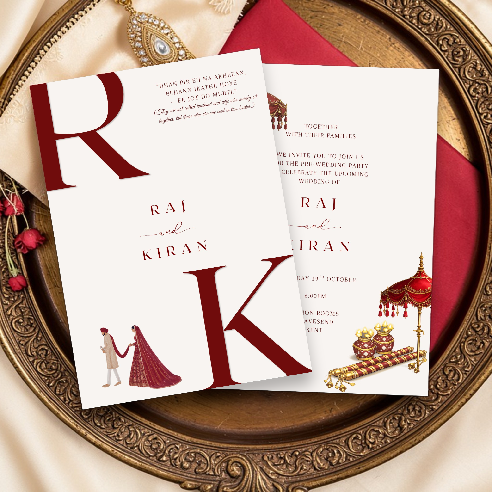 Modern Indian Sikh Punjabi Wedding Invite Sikh wedding invitation template bundle in burgundy and blush floral design, editable Canva invites for Anand Karaj, Jaggo and reception