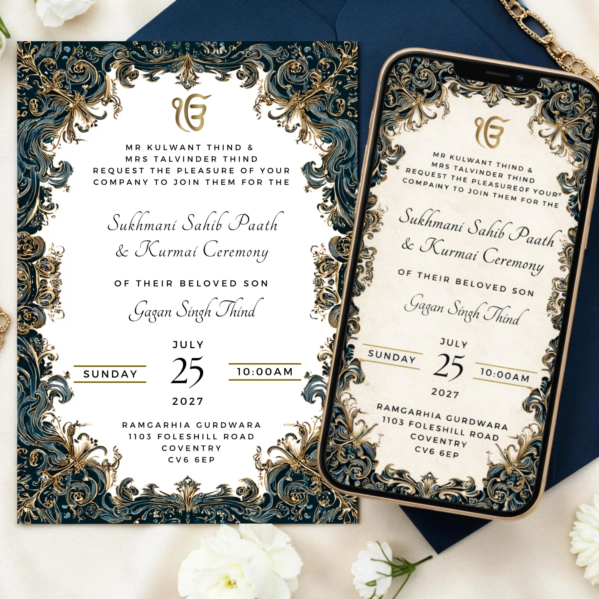 Navy and gold Sikh Kurmai digital invitation with baroque gold filigree border and Ek Onkar symbol — editable Canva template A5