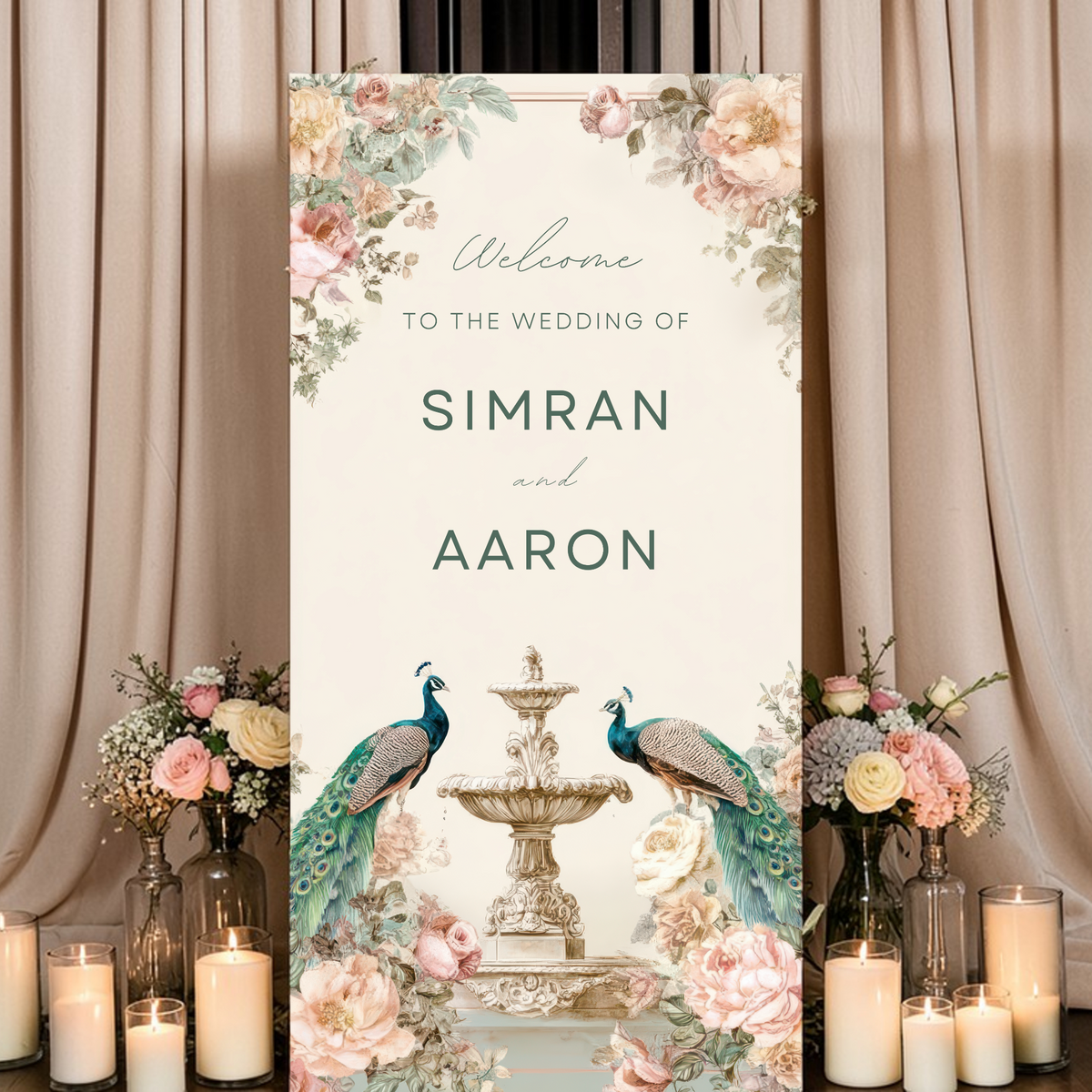 XL Peacock Floral Welcome Sign Template | Elegant Indian Wedding Sign