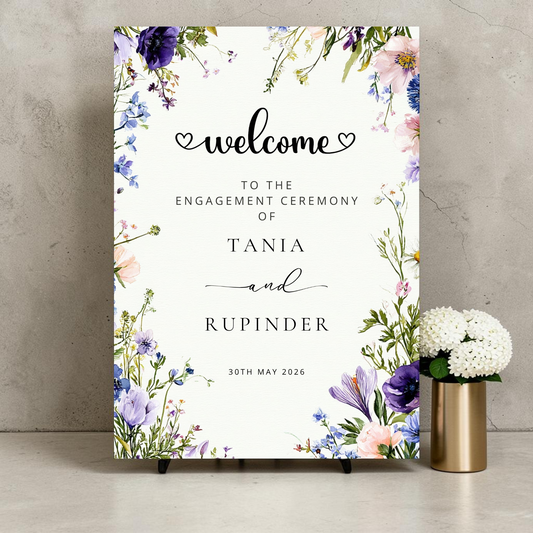 Personalised Engagement Ceremony Welcome Sign | Wildflower Border | Custom Couple Names & Date | A1 or A2 | Printed 3mm Foamex