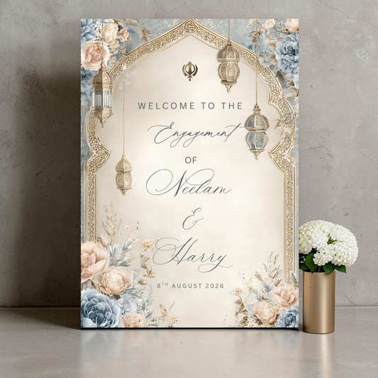 Personalised Sikh Engagement Welcome Sign | Khanda Gold Lanterns Blue Peonies | Custom Couple Names & Date | A1 or A2 | Printed 3mm Foamex