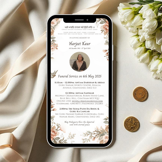 Phone displaying a funeral service invitation with flowers and coins on a soft fabric background