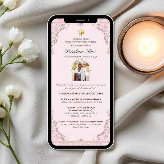 Sikh Digital Funeral Invitation, Elegant Blush Pink Damask Design