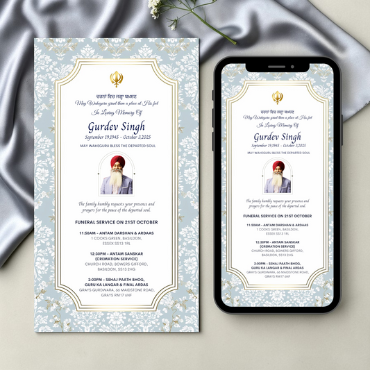 Sikh Funeral service invitation card with photo, digital