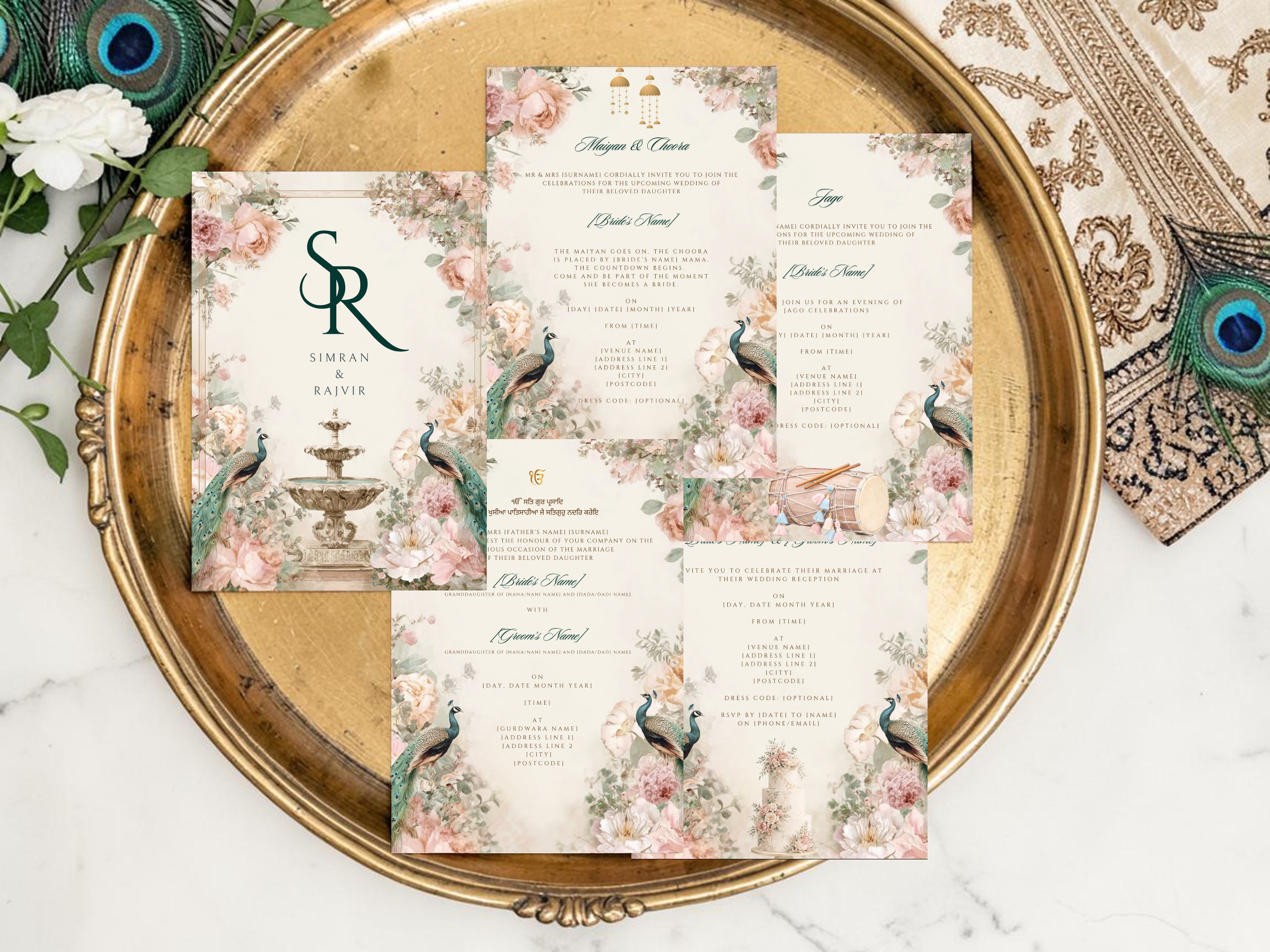 All five cards of a Punjabi wedding invitation suite spread on cream fabric, including cover, Anand Karaj, Maiyan Choora, Jago and Reception cards with Gurmukhi text
