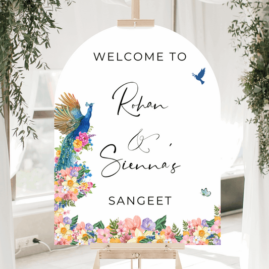Personalised arch shaped peacock welcome sign with watercolour floral border printed on foamex board