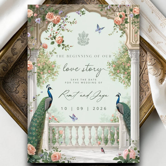 Luxury peacock wedding save the date template with floral arch design for Indian and Sikh wedding digital invitation