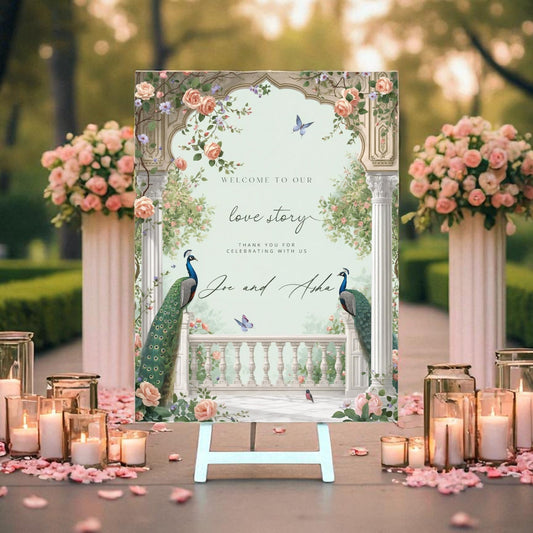Custom name wedding welcome sign with Mughal arch peacock design – Sangeet and Mehndi décor