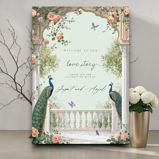 Personalised luxury peacock wedding welcome sign with floral arch and elegant script, printed on foamex board
