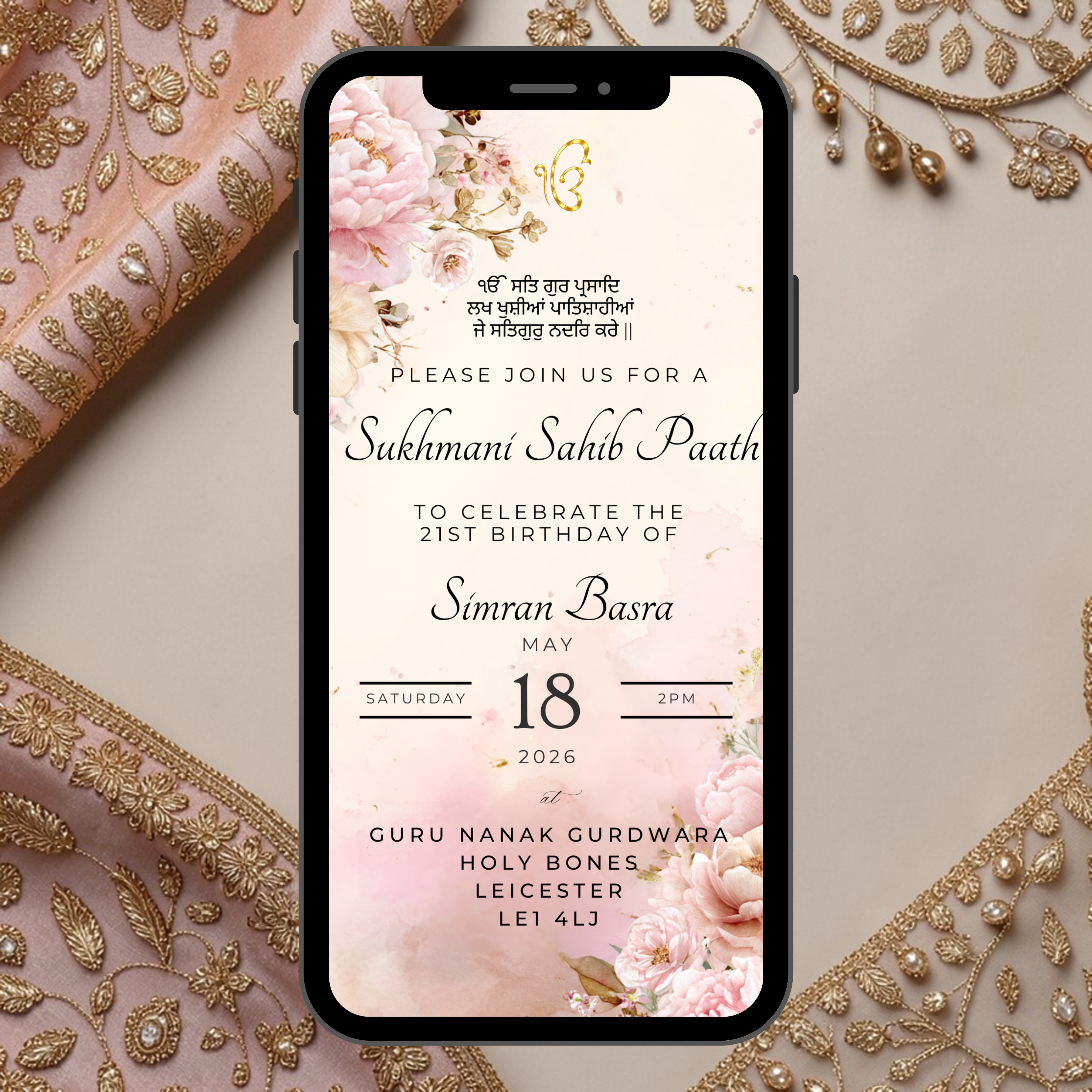 Peony Sukhmani Sahib invitation template editable Canva Sikh paath digital WhatsApp invite