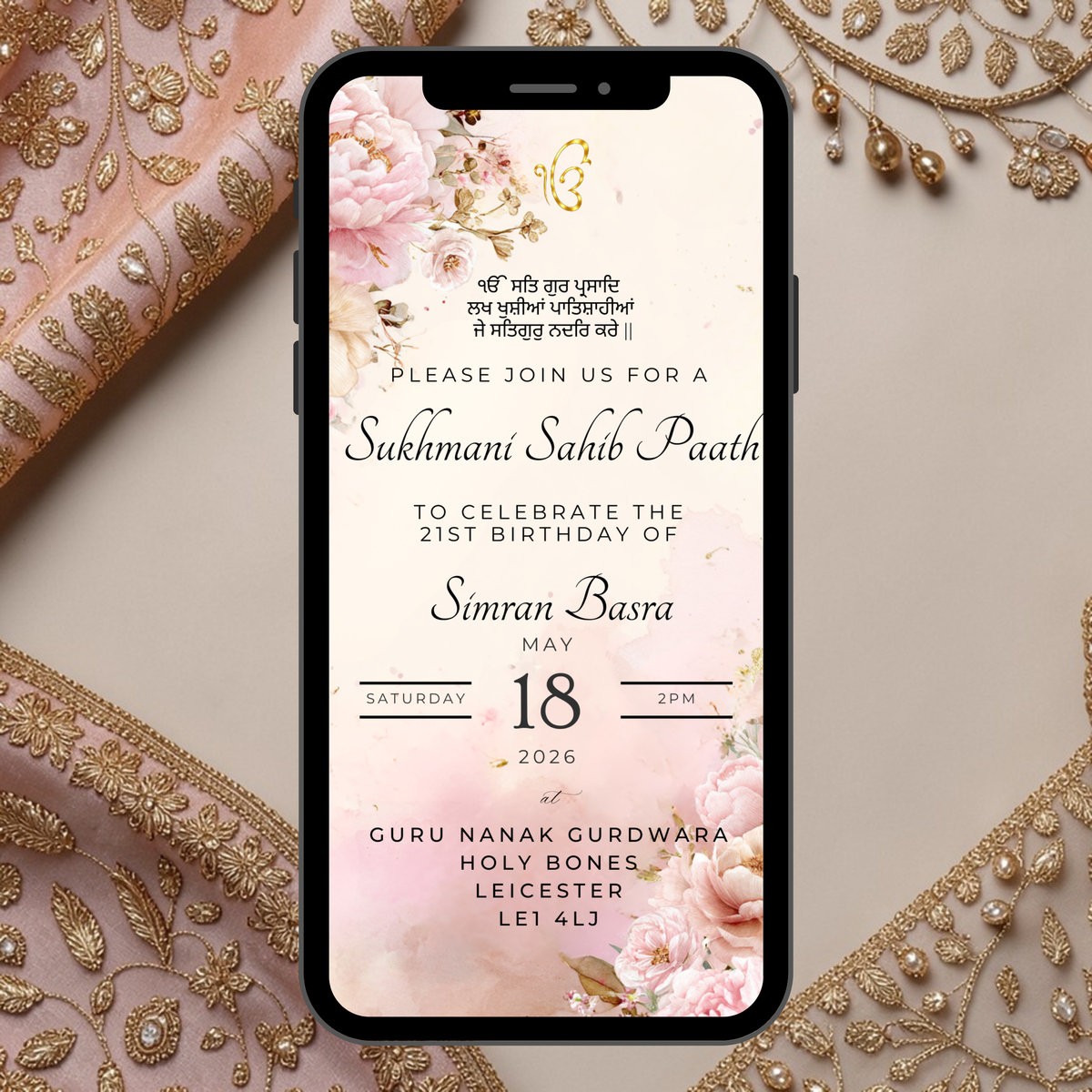 Peony Sukhmani Sahib invitation template editable Canva Sikh paath digital WhatsApp invite