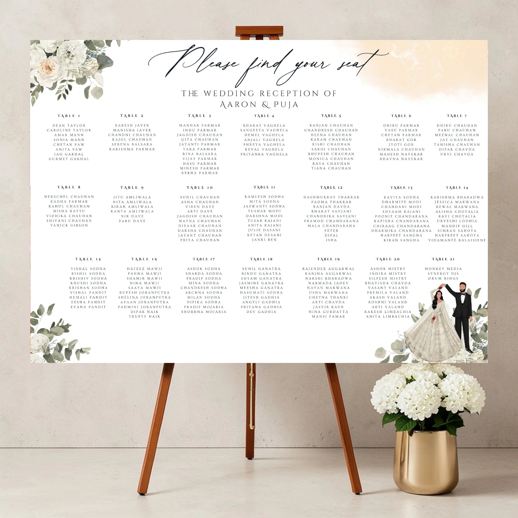 Personalised Indian wedding seating plan board A1 foamex reception table plan sign with floral design