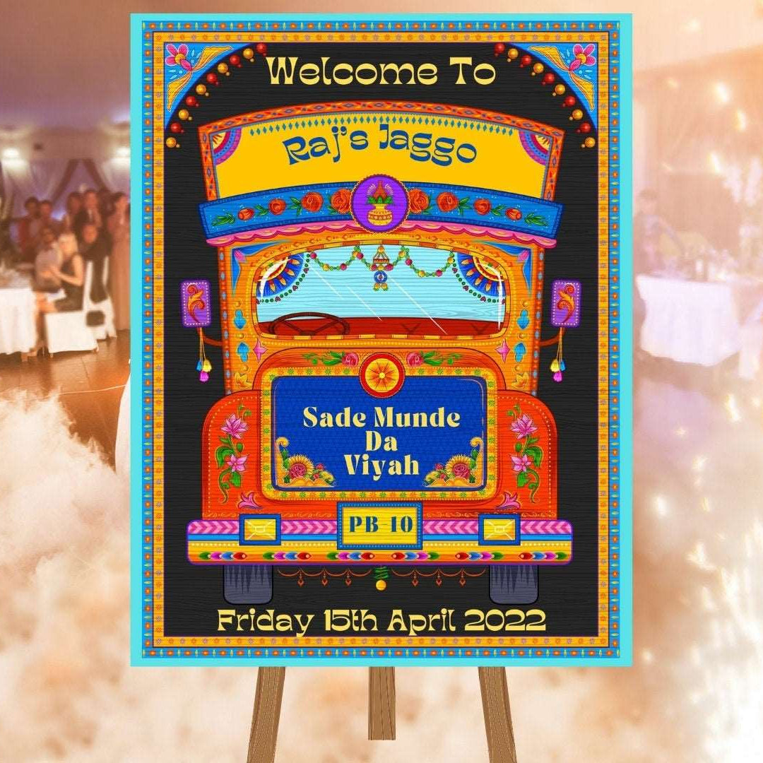Punjabi Wedding Welcome Sign Truck, Retro, Sade Munda Da Viyah - Printed Sign