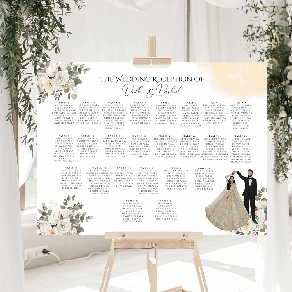 Luxury Indian reception seating plan sign with guest tables printed on foamex board