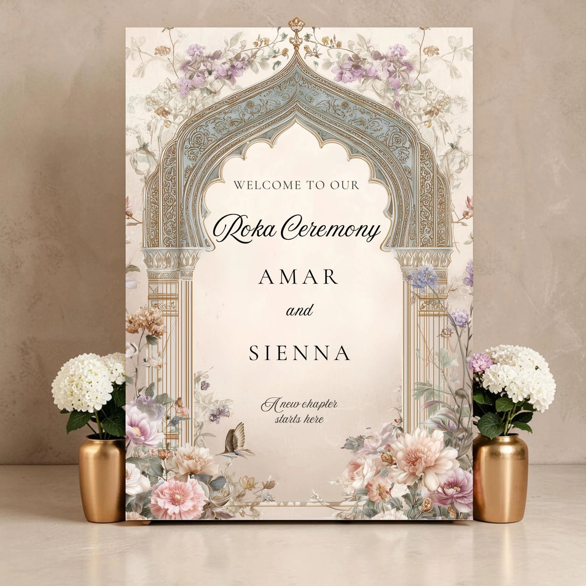 Personalised Roka ceremony welcome sign on 3mm foamex featuring ornate vintage teal and gold Mughal arch with blush cream peonies lavender wildflowers and butterfly detail with couple names in bold serif and script fonts on cream background