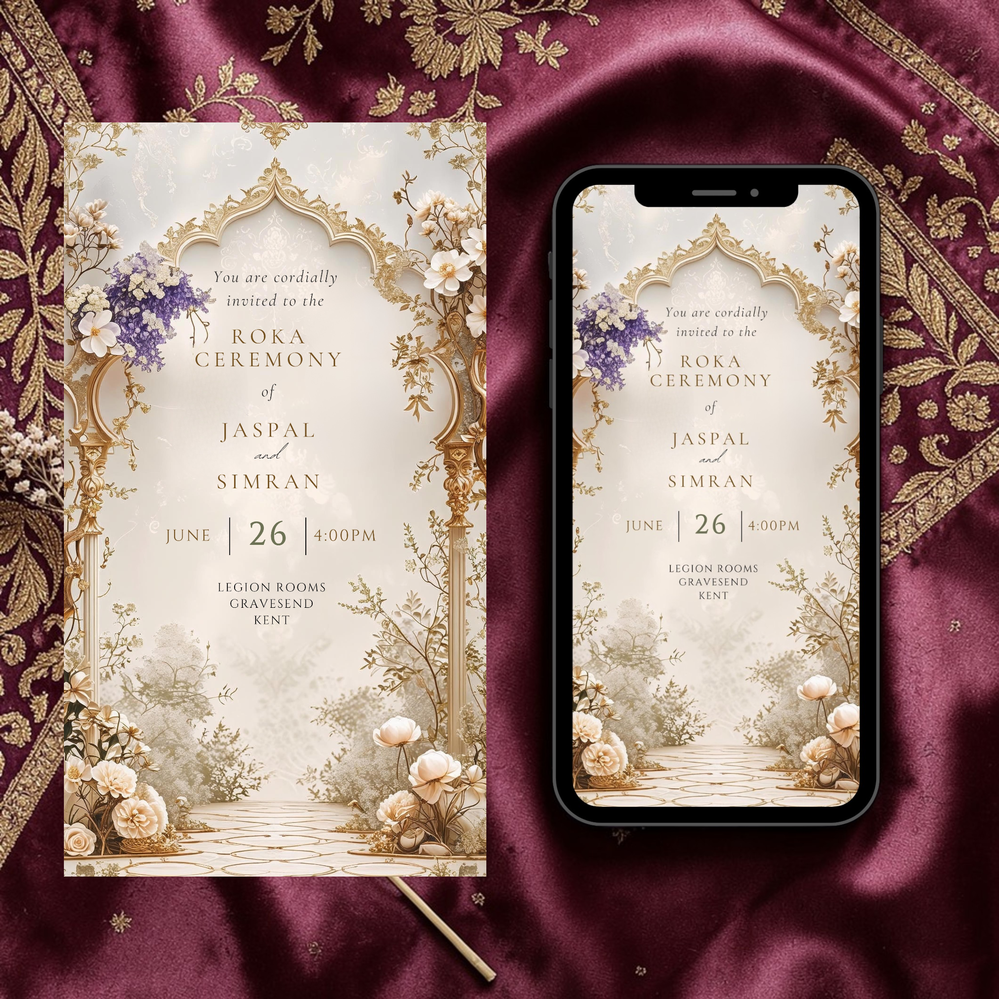 Sikh Roka ceremony invitation template editable in Canva, gold arch Punjabi engagement invite