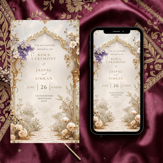 Sikh Roka ceremony invitation template editable in Canva, gold arch Punjabi engagement invite