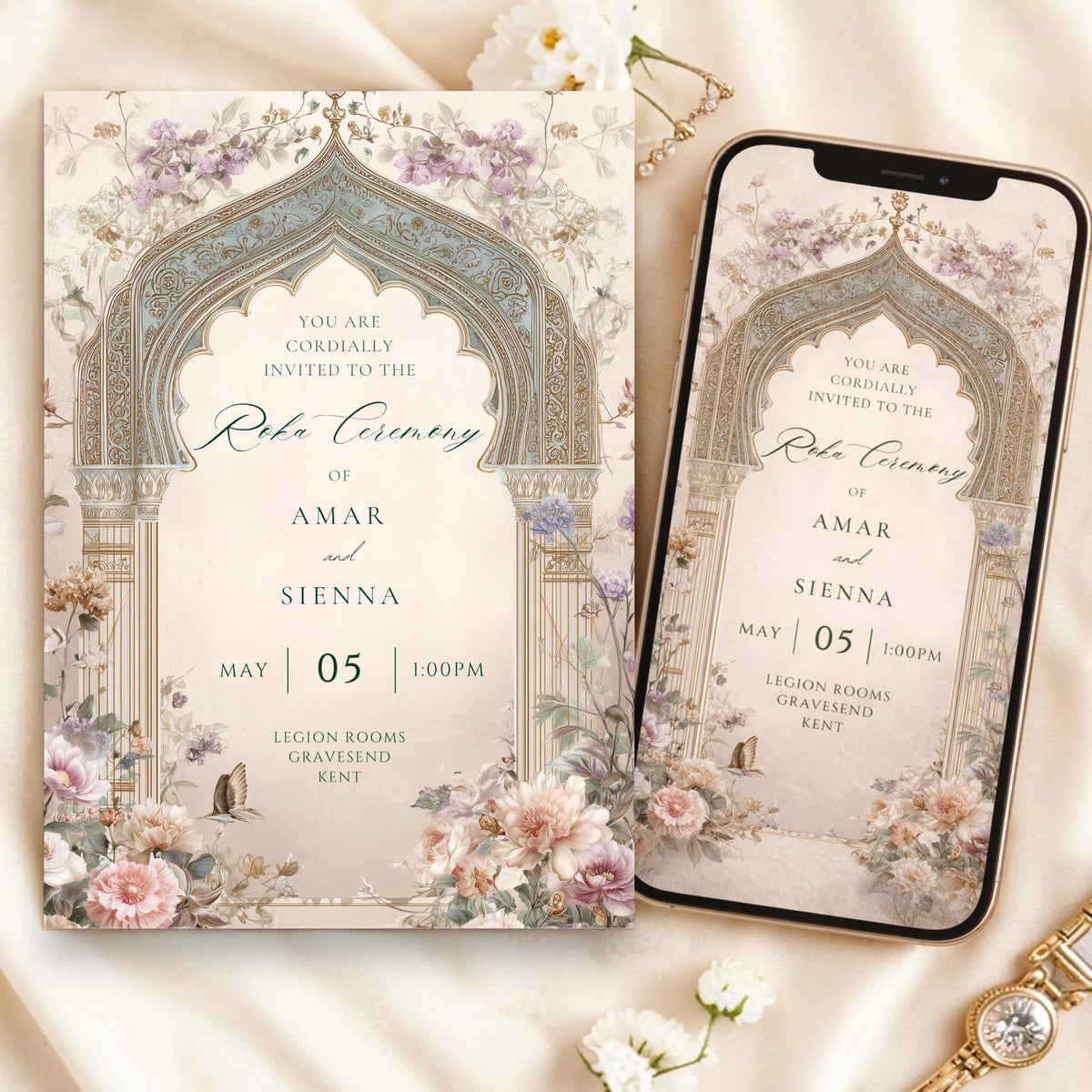 Roka ceremony digital invitation with Mughal arch, blush peonies and lavender florals — editable Canva template A5 printable, with a whatsapp mobile invitation