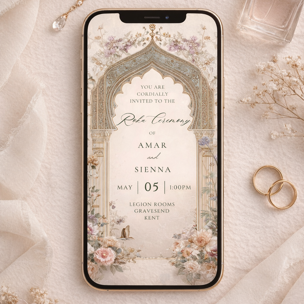 Indian engagement Roka invitation displayed on iPhone — WhatsApp-ready digital card with watercolour floral and butterfly design