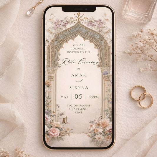 Indian engagement Roka invitation displayed on iPhone — WhatsApp-ready digital card with watercolour floral and butterfly design