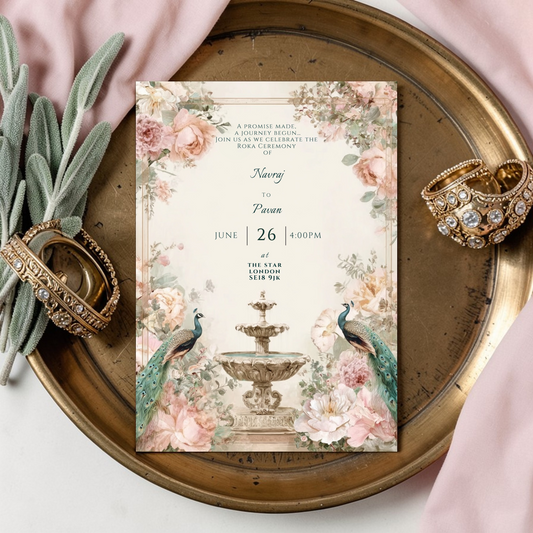 Peacock Roka ceremony invitation template editable in Canva, floral Punjabi engagement digital invite