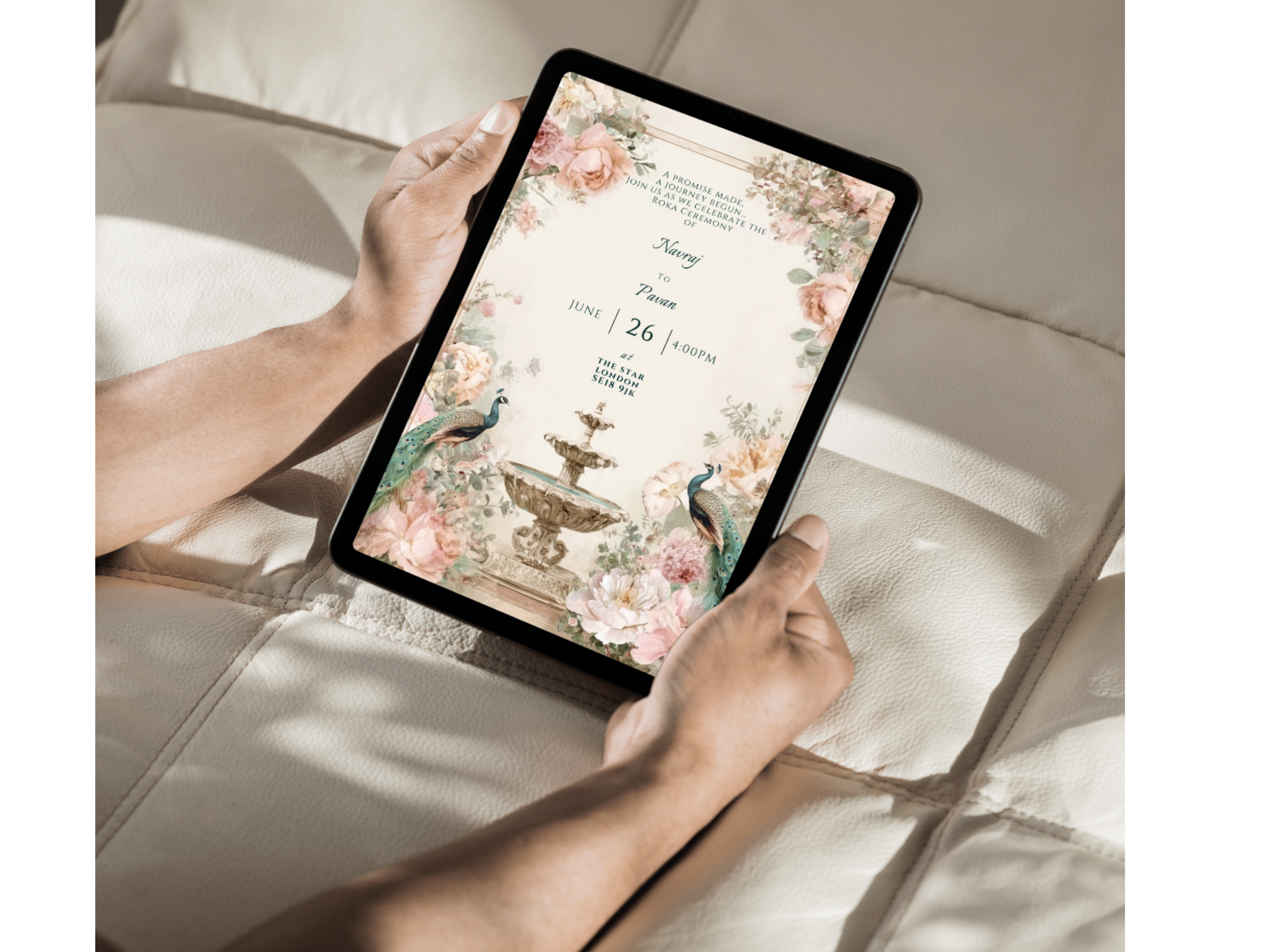 Peacock Roka ceremony invitation template editable in Canva with floral engagement design
