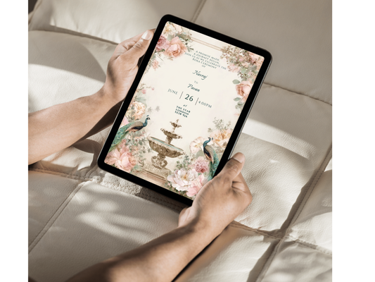 Peacock Roka ceremony invitation template editable in Canva with floral engagement design