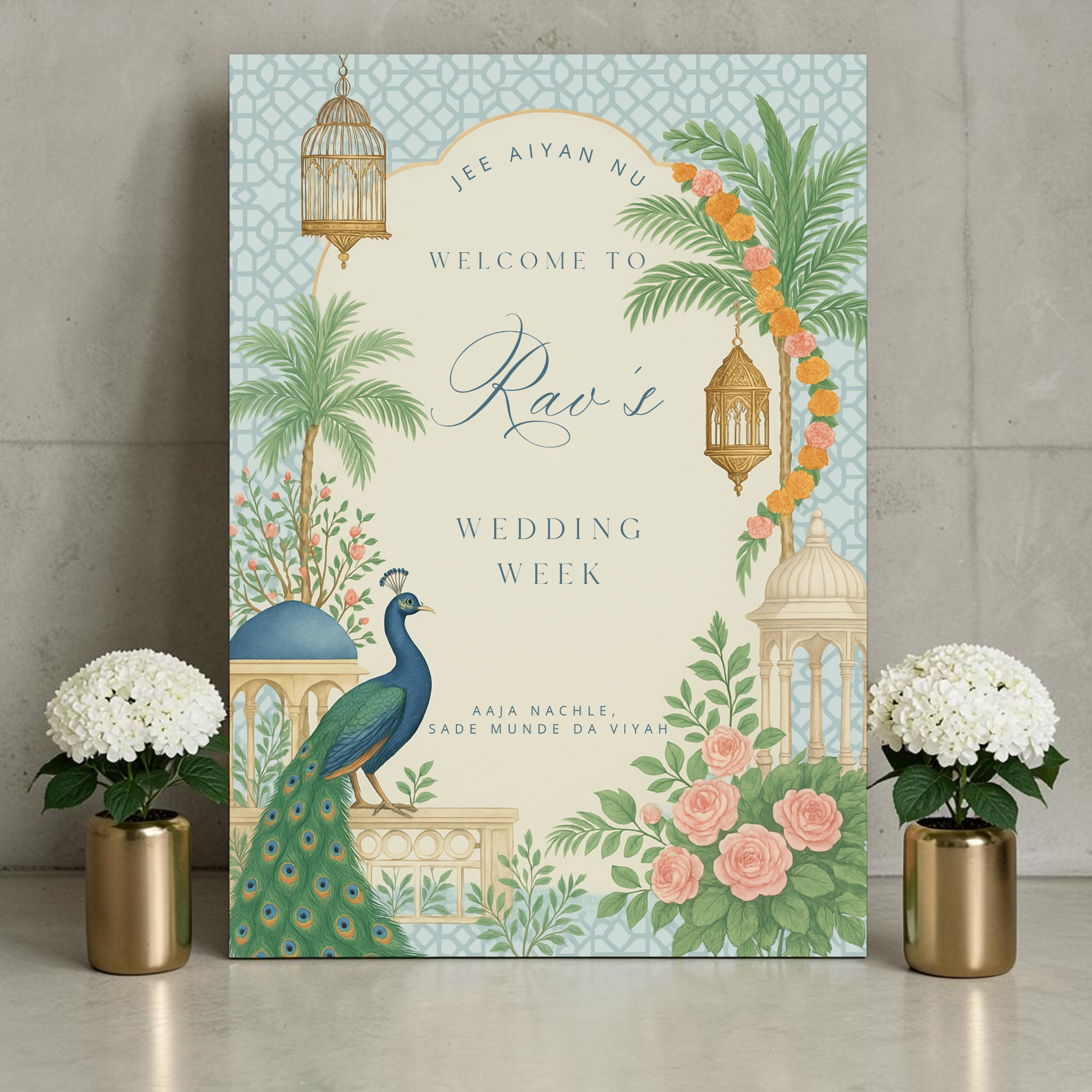 Personalised Punjabi wedding week welcome sign printed on 3mm foamex. Illustrated peacock, palm trees, marigold garlands, gold lanterns and birdcage, Indian pavilion, pink roses and blue geometric tile background. Text reads Jee Aiyan Nu, Welcome to Rav's Wedding Week, Aaja Nachle Sade Munde Da Viyah. Custom name. A1 or A2. By Krafty Kaur.
