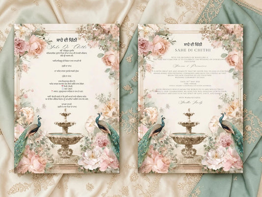 Two versions of Sahe Di Chithi invitation side by side — Punjabi Gurmukhi and English — peacock floral Canva template on embroidered fabric