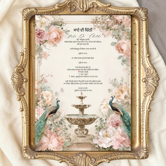 Sahe Di Chithi Digital Sikh Wedding Invitation | Punjabi & English Versions | Peacock Fountain Floral | Editable Canva Template | A5 WhatsApp